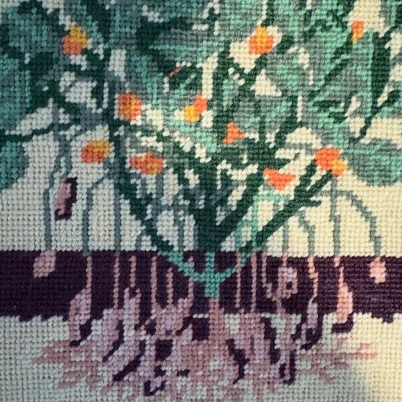 Vintage 1970s Tree with Roots Needlepoint by Kay Hill with Custom Bamboo Frame - Picture 2 of 7